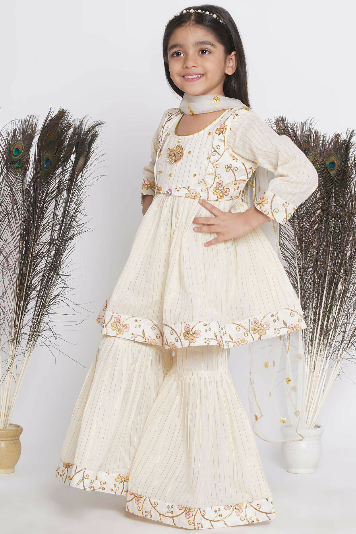 Little Bansi Floral Embroidery Jacket With Cotton Lurex Frock Sharara And Dupatta With Ghungroo Handwork - Cream