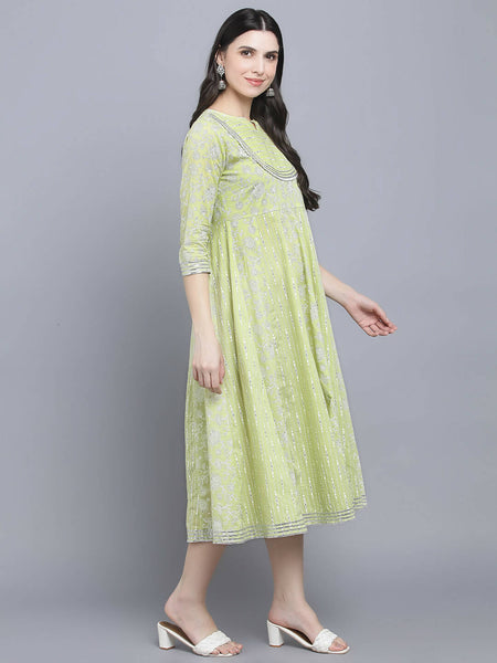Myshka Women's Green Ethnic Motifs A-Line Midi Dress