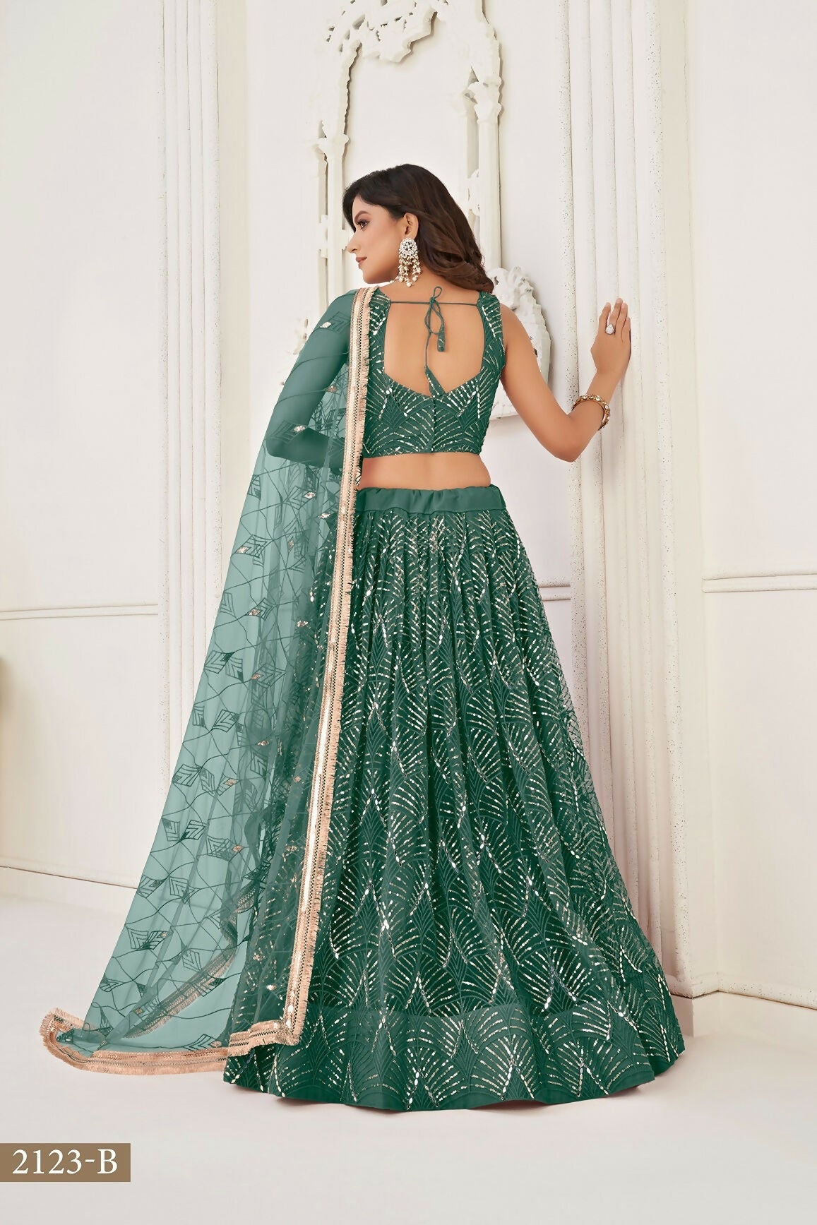 Eilara Glamorous Bottle Green Net With Sequins And Thread Embroidery Real Mirror Work Lehenga Choli For Wedding