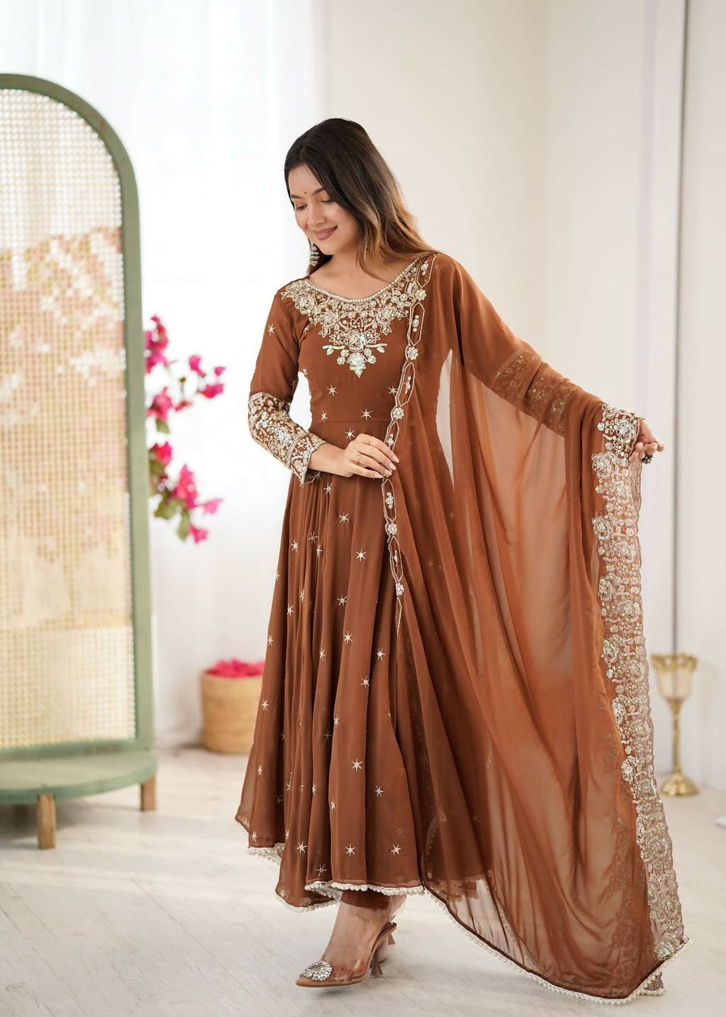 Teeya Creation Browm Color Faux georgette Embroidery Work Wedding Wear Gown - Distacart