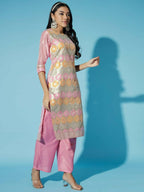 Myshka Women Pink Printed Kurta & Trousers With Dupatta - Distacart