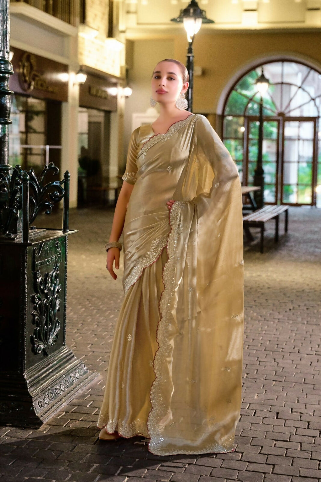 Vastranavya Beige Embroidery Work Shimmer Chiffon Saree with Unstitched Blouse - Distacart