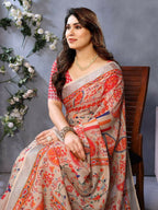 PR Fashion Orange Handloom Linen Cotton Saree