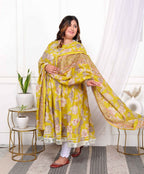 Miravan Women's Plus Size Cotton Gota Patti And Lace Border Details Floral Printed Yellow Anarkali Kurta And Dupatta Set