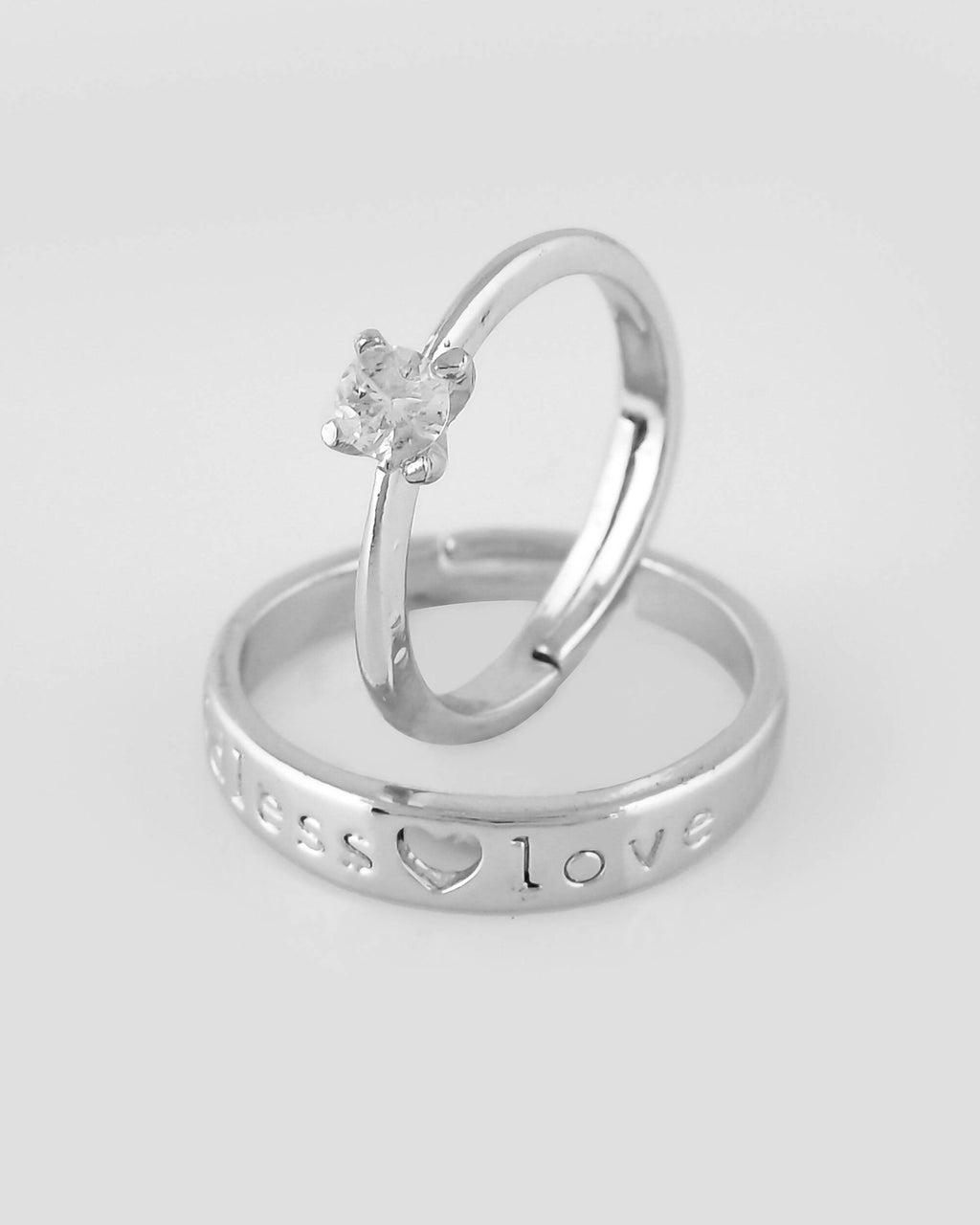 VOJ Stainless Steel Cubic Zirconia Silver Plated Adjustable Ring Set for Couple