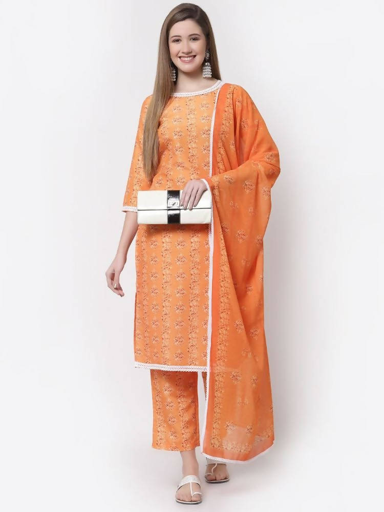 Myshka Mustard Color Cotton Printed Kurta With Pant Dupatta Set