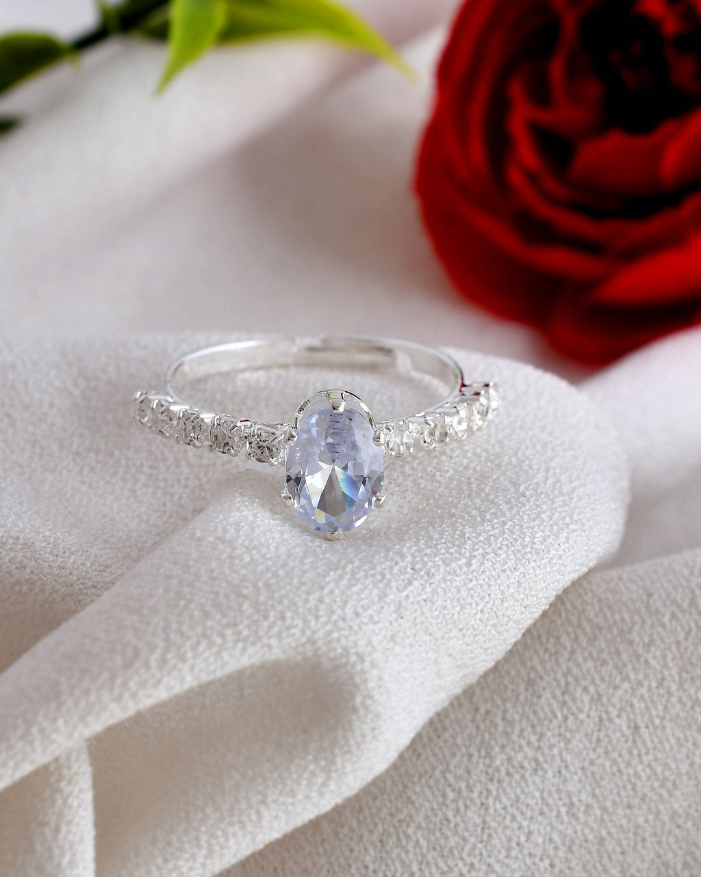 VOJ white CZ-detail Stainless Steel Cubic Zirconia Silver Plated Adjustable Finger Ring