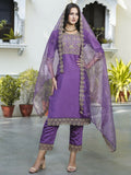Vellora Royal Purple Silk Blend Embroidered Casual Suit for Women