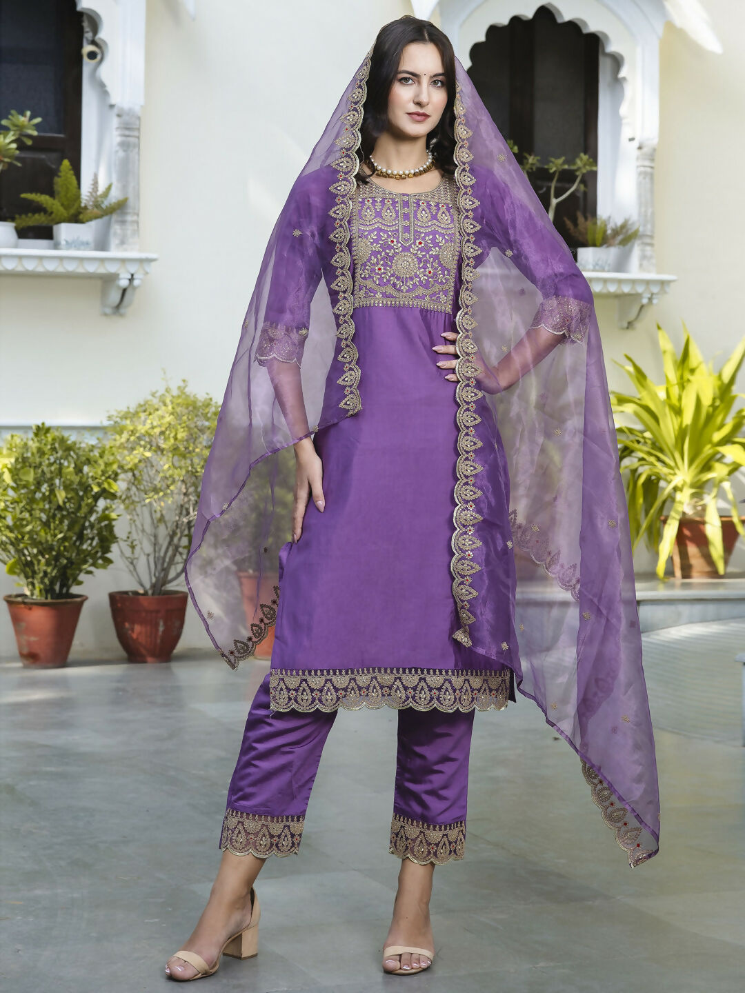 Vellora Royal Purple Silk Blend Embroidered Casual Suit for Women
