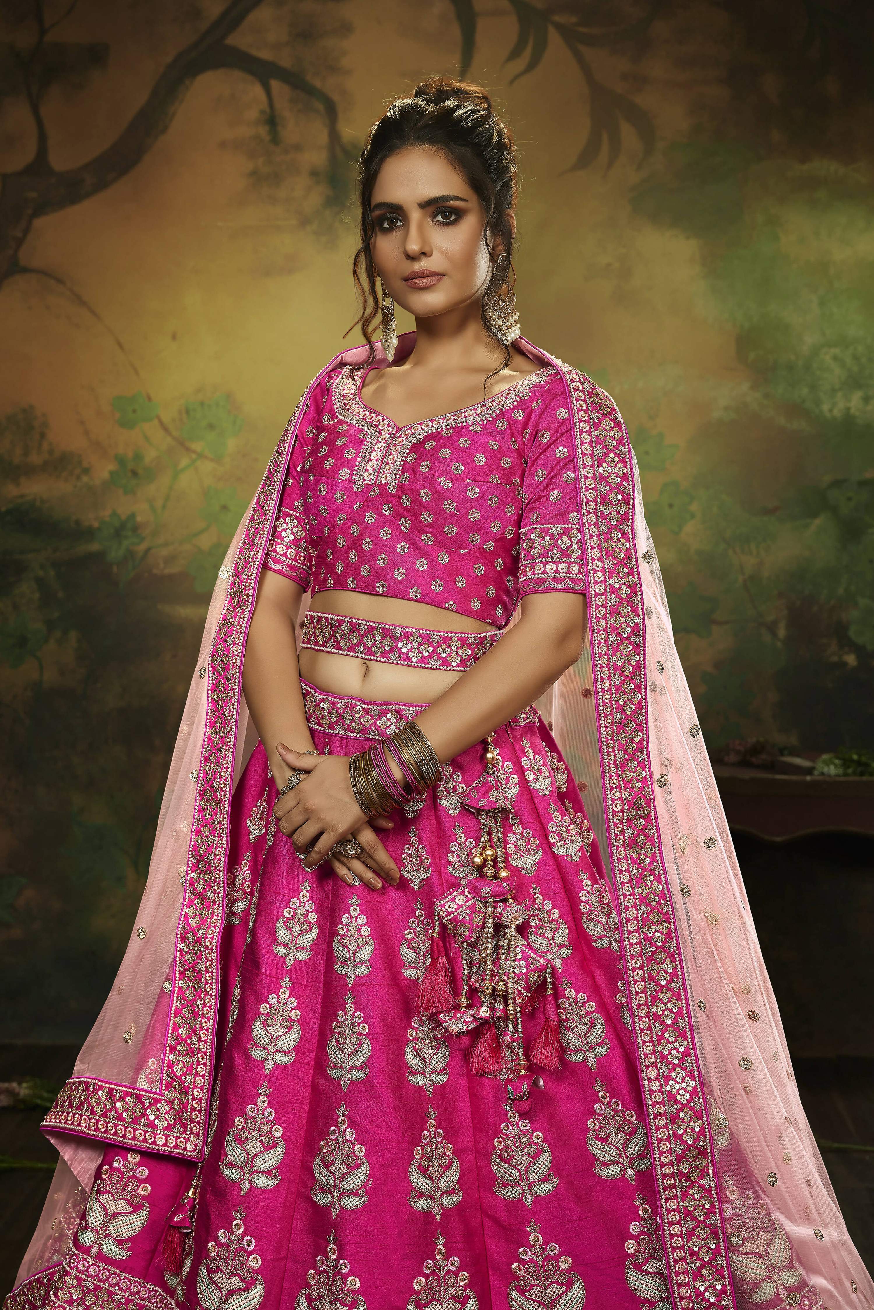 House of Panchhi Pink Pure Silk Moti & Zarkan heavy embroidery Lehenga choli & Dupatta