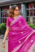 Vastranavya Pink Embroidery Work Shimmer Chiffon Saree with Unstitched Blouse - Distacart