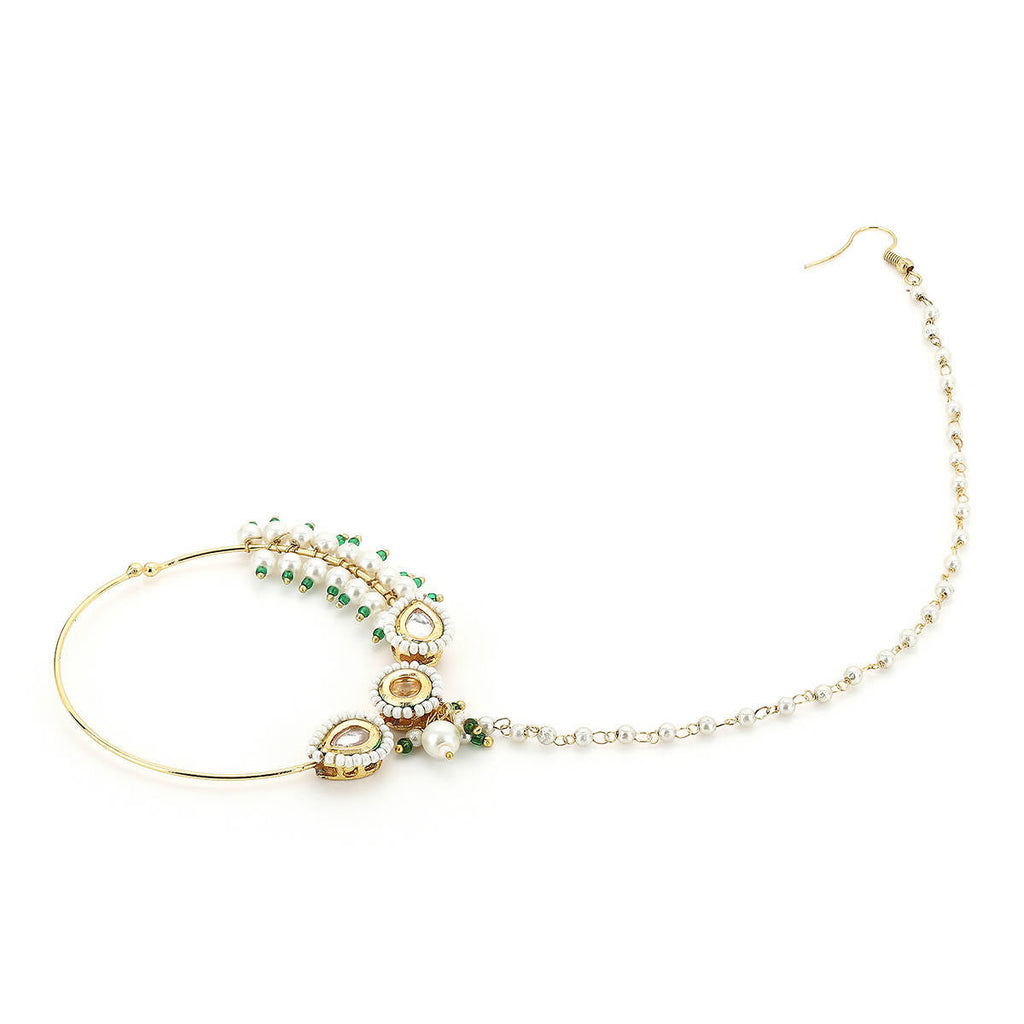 Gold-Plated White Kundan Studded Pearl Beaded Nose Pin - Ruby Raang - Distacart