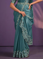 Rama Crepe Satin Silk Embroidered Saree With Stitched Blouse - Mohmanthan Exotica