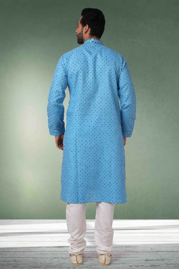 Raivat Ethnic Cotton Printed Work Kurta Pajama In Light Blue Colour