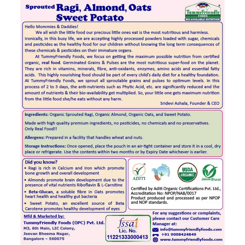 TummyFriendly Foods Certified Organic Sprouted Ragi, Almond, Oats, Sweet Potato Porridge Mix - Distacart