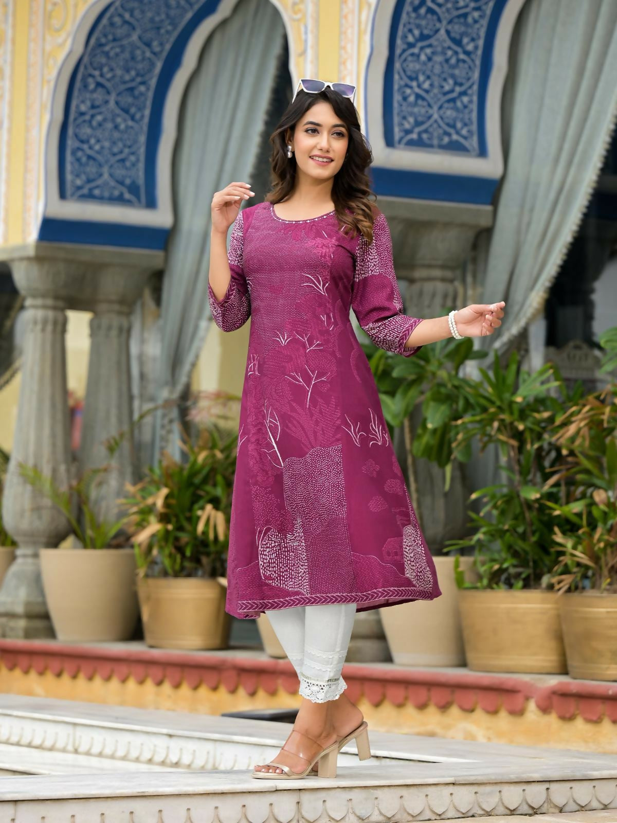 Juniper Women's Wine Beautiful Printed Liva Rayon A-Lined Kurta For Women