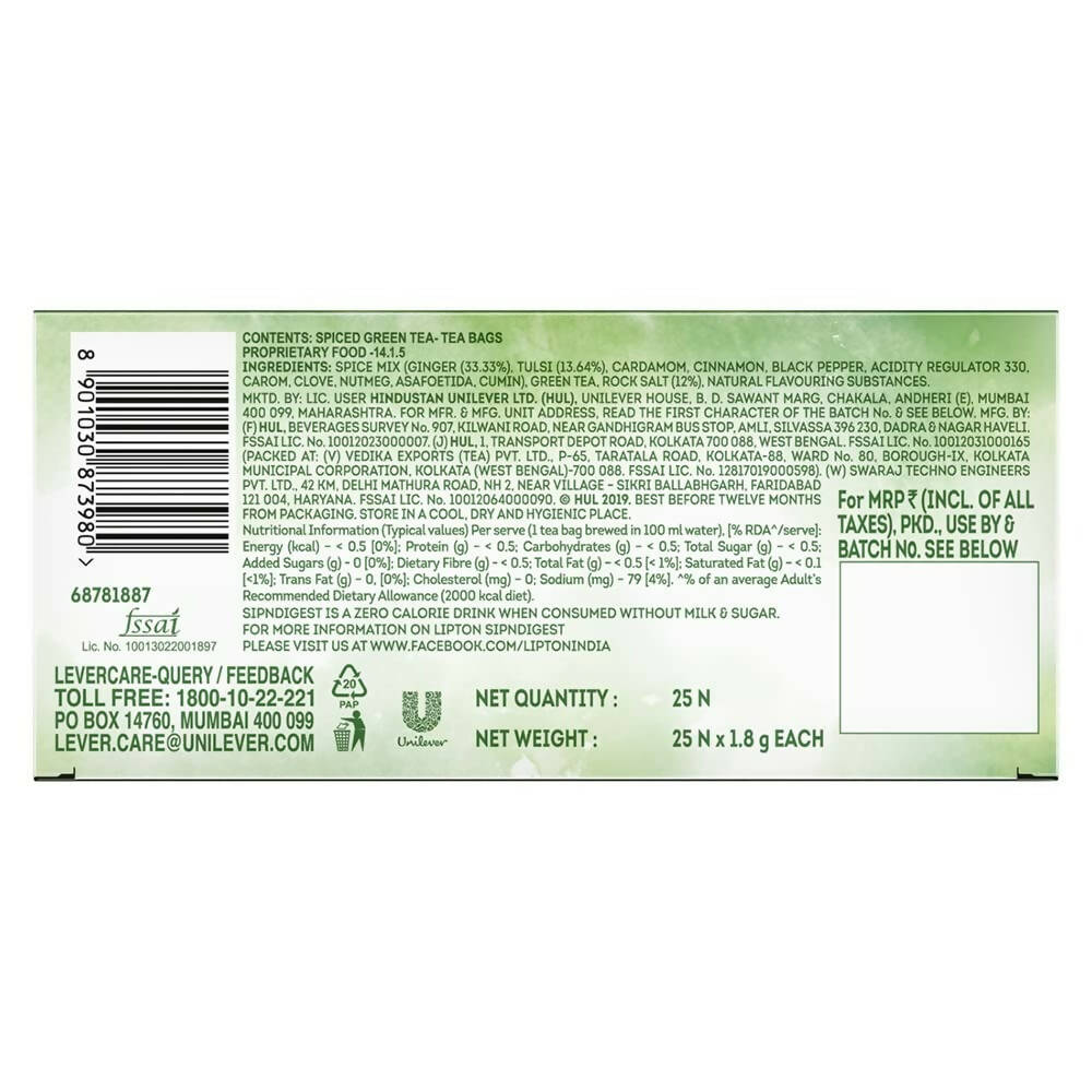 Lipton SipNDigest With Tulsi & Rock Salt Ginger Green Tea Bags - Distacart