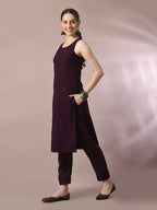 Myshka Women's Magenta Embroidered Cotton Straight Party Kurta Set