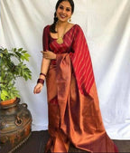 DEIANA'S Beautiful Designer Golden zari Soft Lichi Silk Saree - Brown