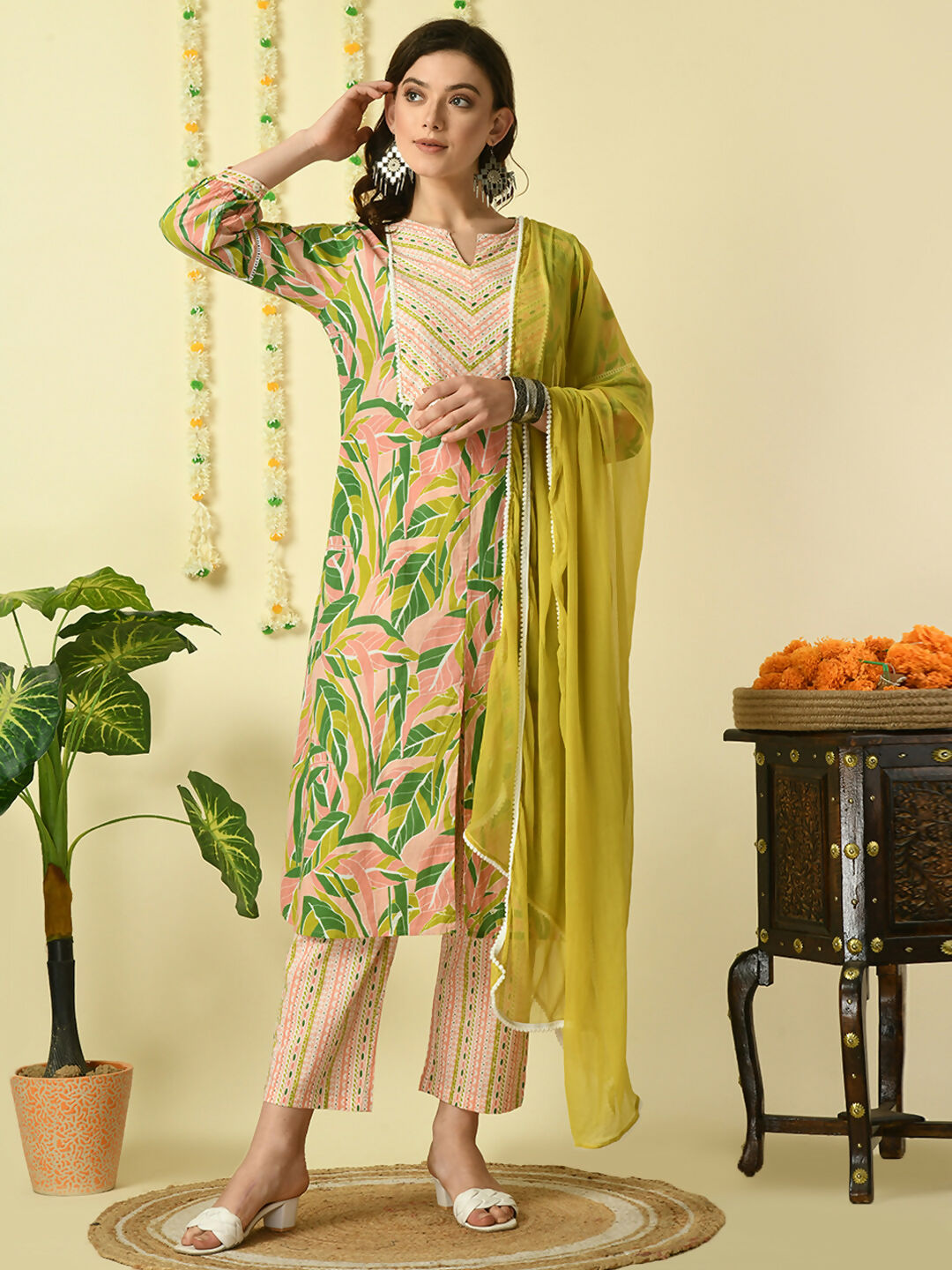 Myshka Women's Multi Pure Cotton Kurta & Palazzos With Dupatta Party Sets