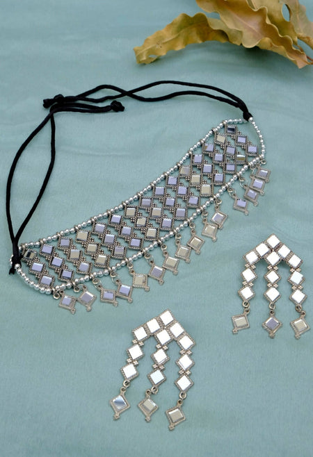 Mominos Fashion Johar Kamal Oxidised Silver-Plated Alloy Finish Mirror Choker For Women