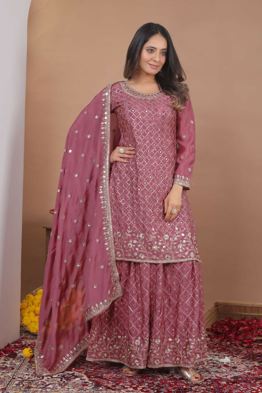 Teeya Creation Dark Onion Color Chinon Silk Wedding Wear Trending Palazzo Set - Distacart