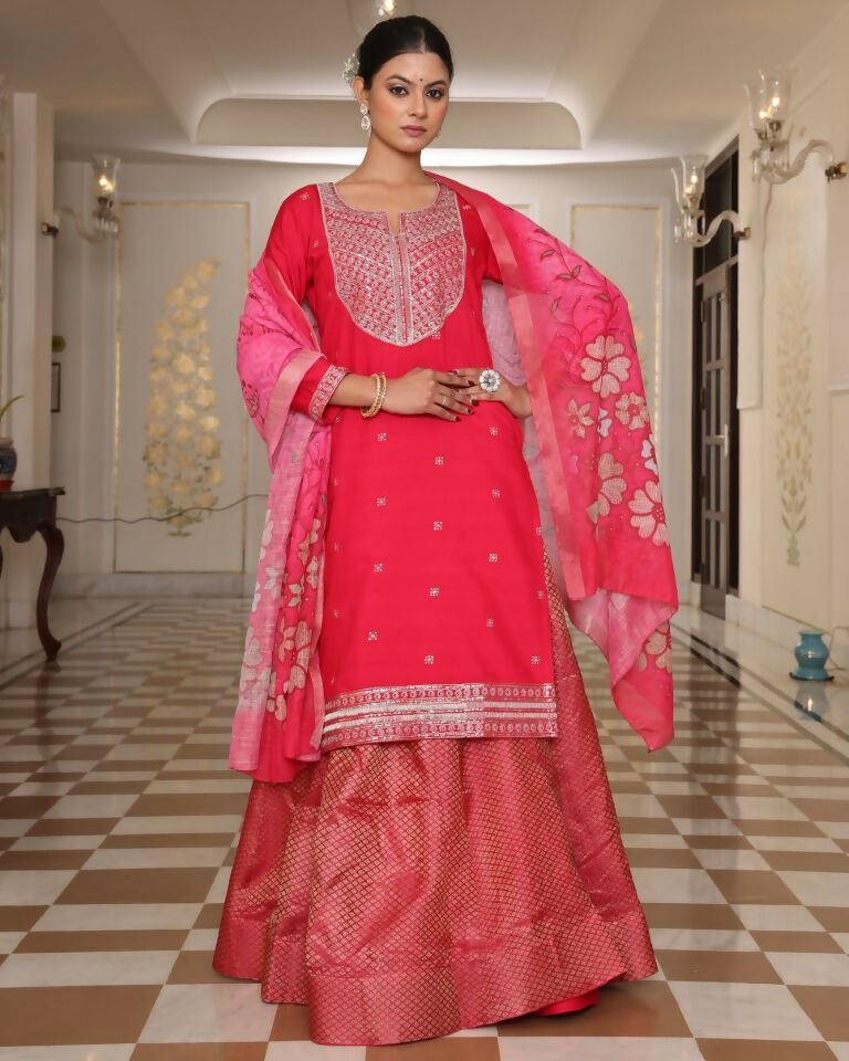 Jyoti Fashion Women's Pink Cotton Silk Floral Print with Embroidered Kurta Set
