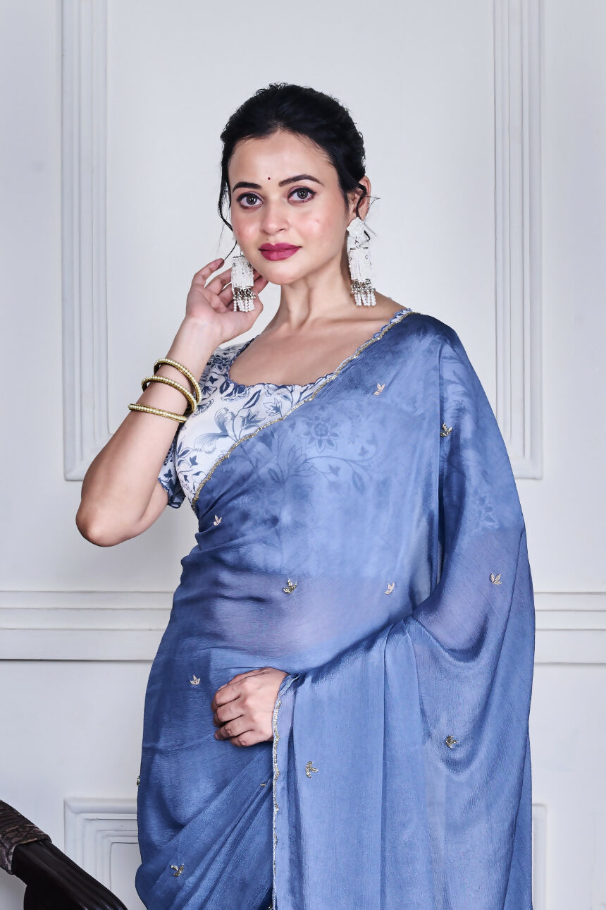 Morchari Grey Chiffon Hand Embroidery Saree And Stitched Blouse - Distacart