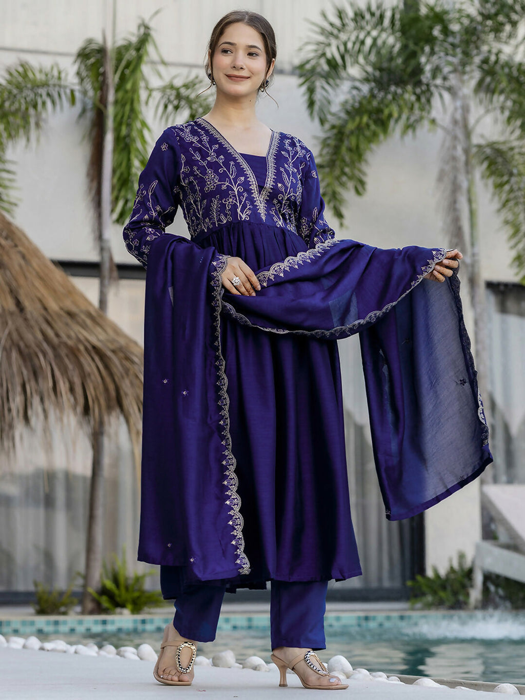 The52 Blue Women's Beautiful Embroidered Vichitra Silk Fabric with Flared Kurta, Pant and Dupatta Set - Distacart