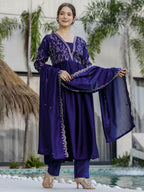 The52 Blue Women's Beautiful Embroidered Vichitra Silk Fabric with Flared Kurta, Pant and Dupatta Set - Distacart