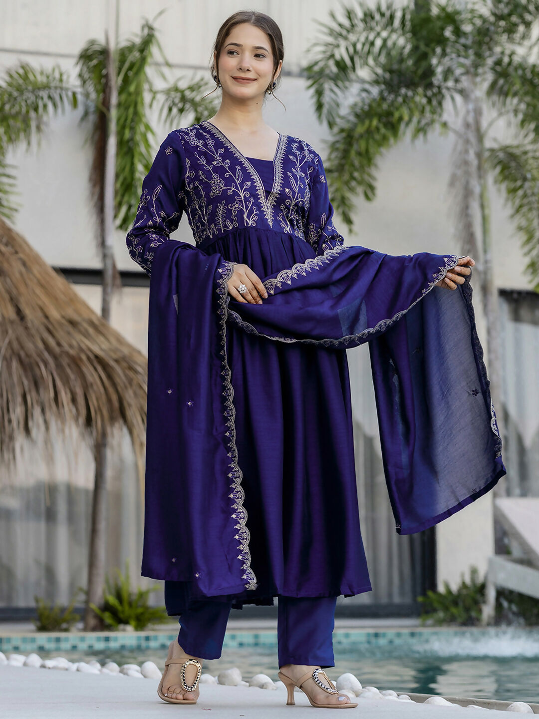 The52 Blue Women's Beautiful Embroidered Vichitra Silk Fabric with Flared Kurta, Pant and Dupatta Set - Distacart