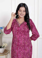Miravan Womens Magenta Bandhej Printed Rayon Kurti