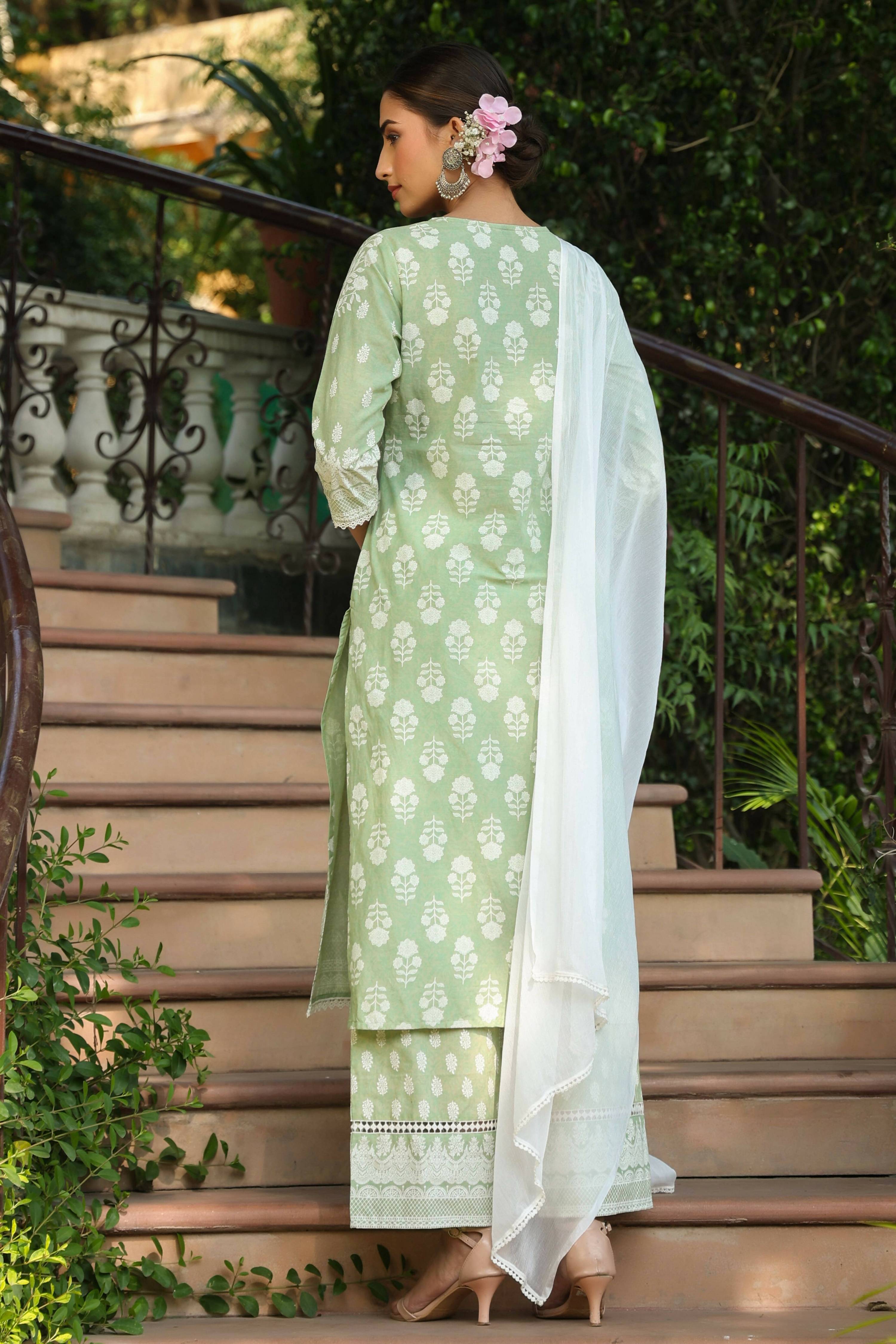 Juniper Women's Green Cambric Printed Straight Kurta Sets - Distacart