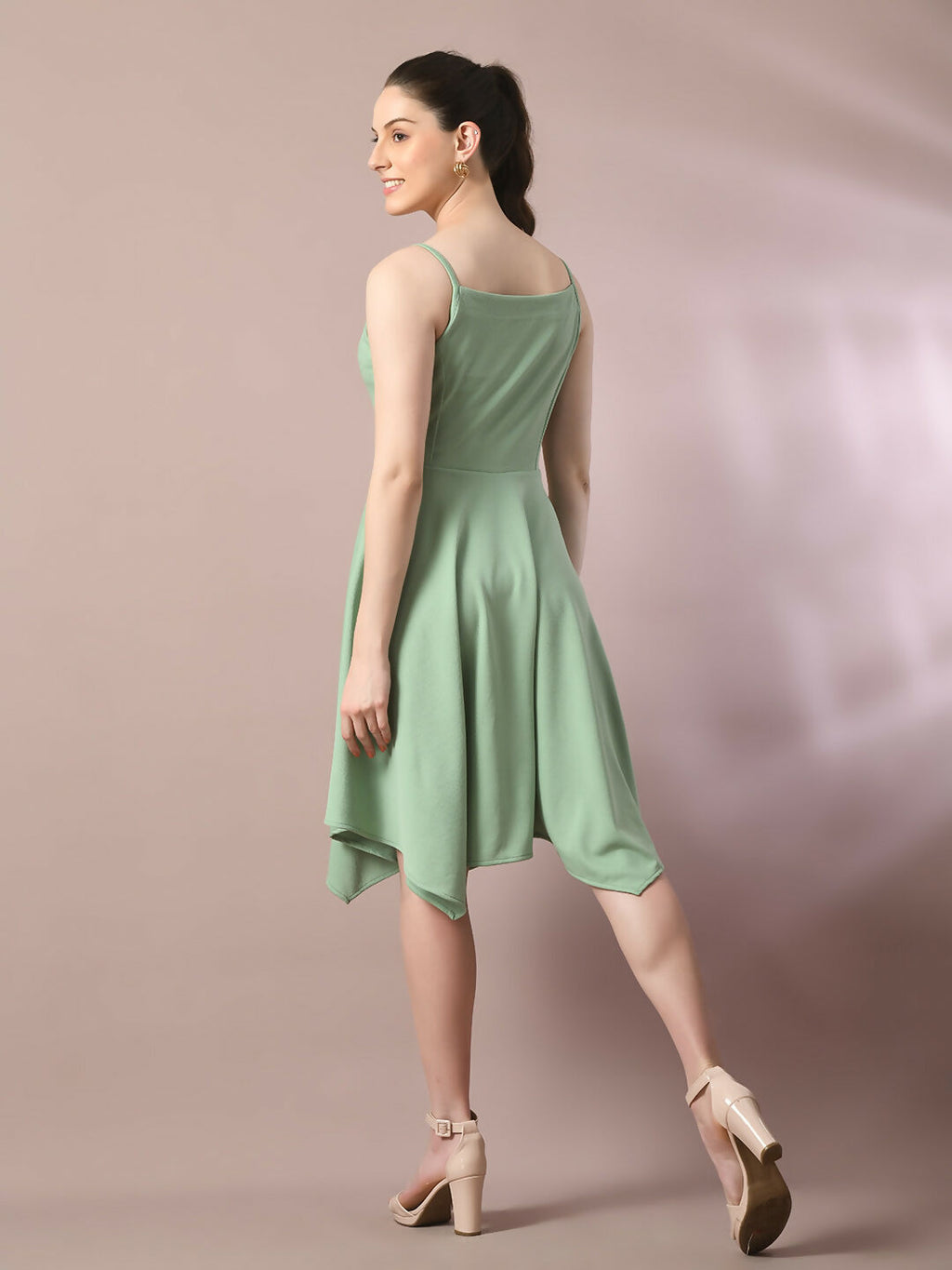 Myshka Women's Sea Green Solid Shoulder Straps Fit and Flare Party Dress - Distacart