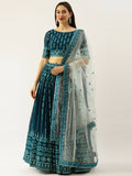 House of Panchhi Women Teal Georgette Sequins Work Lehenga & Blouse with Dupatta