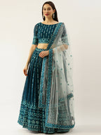House of Panchhi Women Teal Georgette Sequins Work Lehenga & Blouse with Dupatta