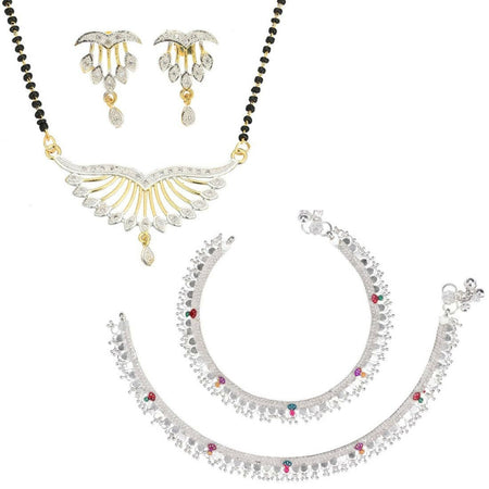AanyaCentric Gold-Polished Mangalsutra Pendant Earring Set & Silver Plated Anklet