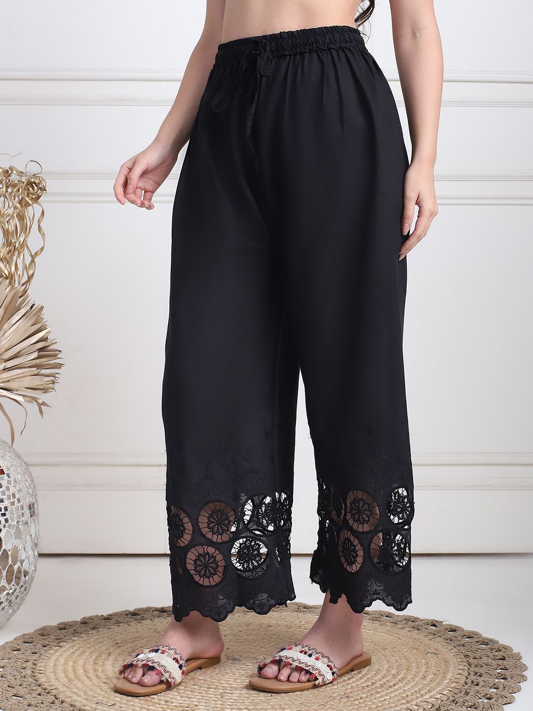 TAG 7 Women Floral Hem Design Flared Ethnic Palazzos