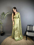 Joban Fashion Sage Green Floral Motifs & Ethnic Design Soft Satin Silk Kanchipuram Saree - Distacart