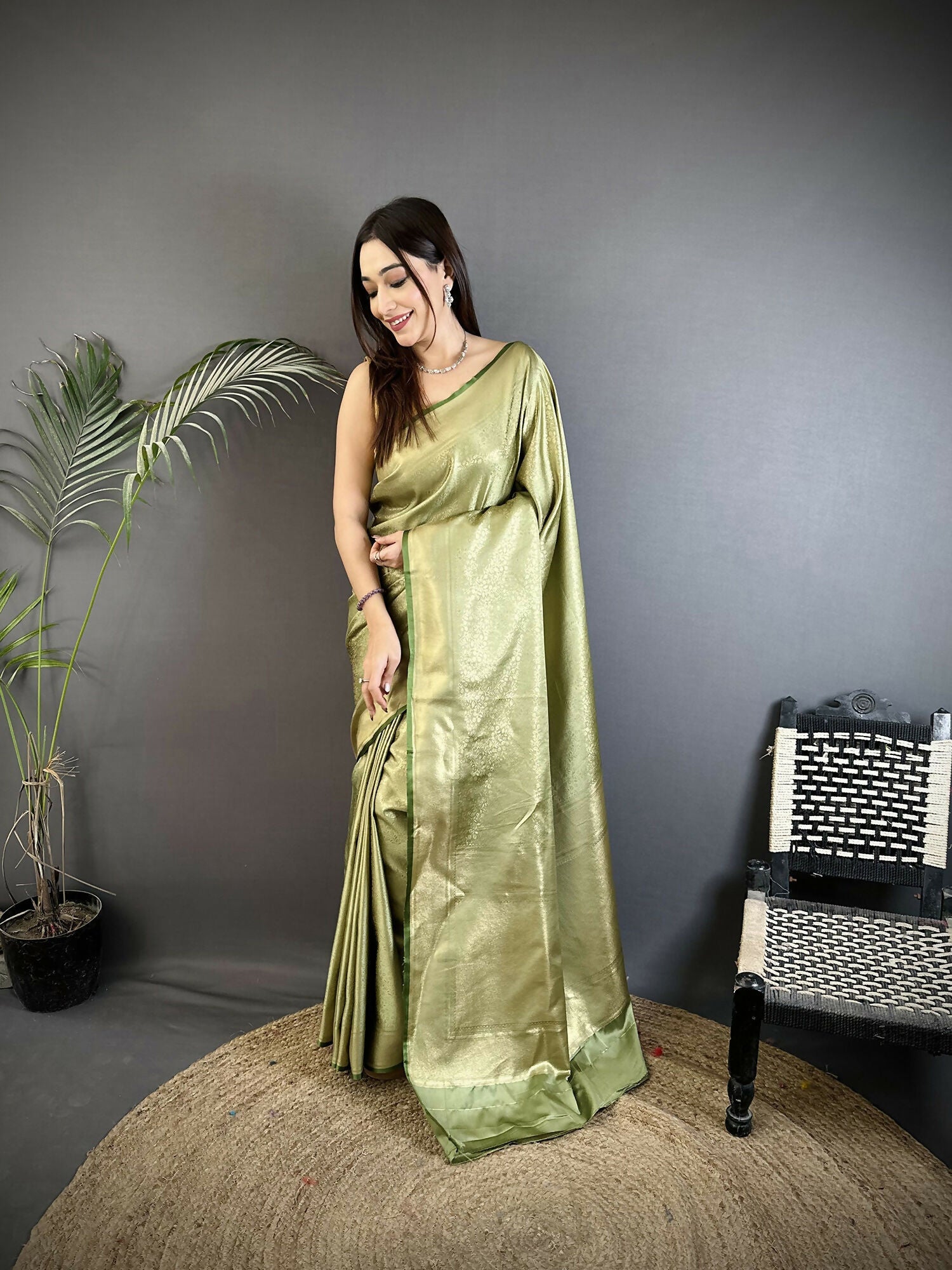 Joban Fashion Sage Green Floral Motifs & Ethnic Design Soft Satin Silk Kanchipuram Saree - Distacart
