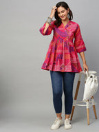 Pink Cotton Geometric Printed A-line Top - Bosky