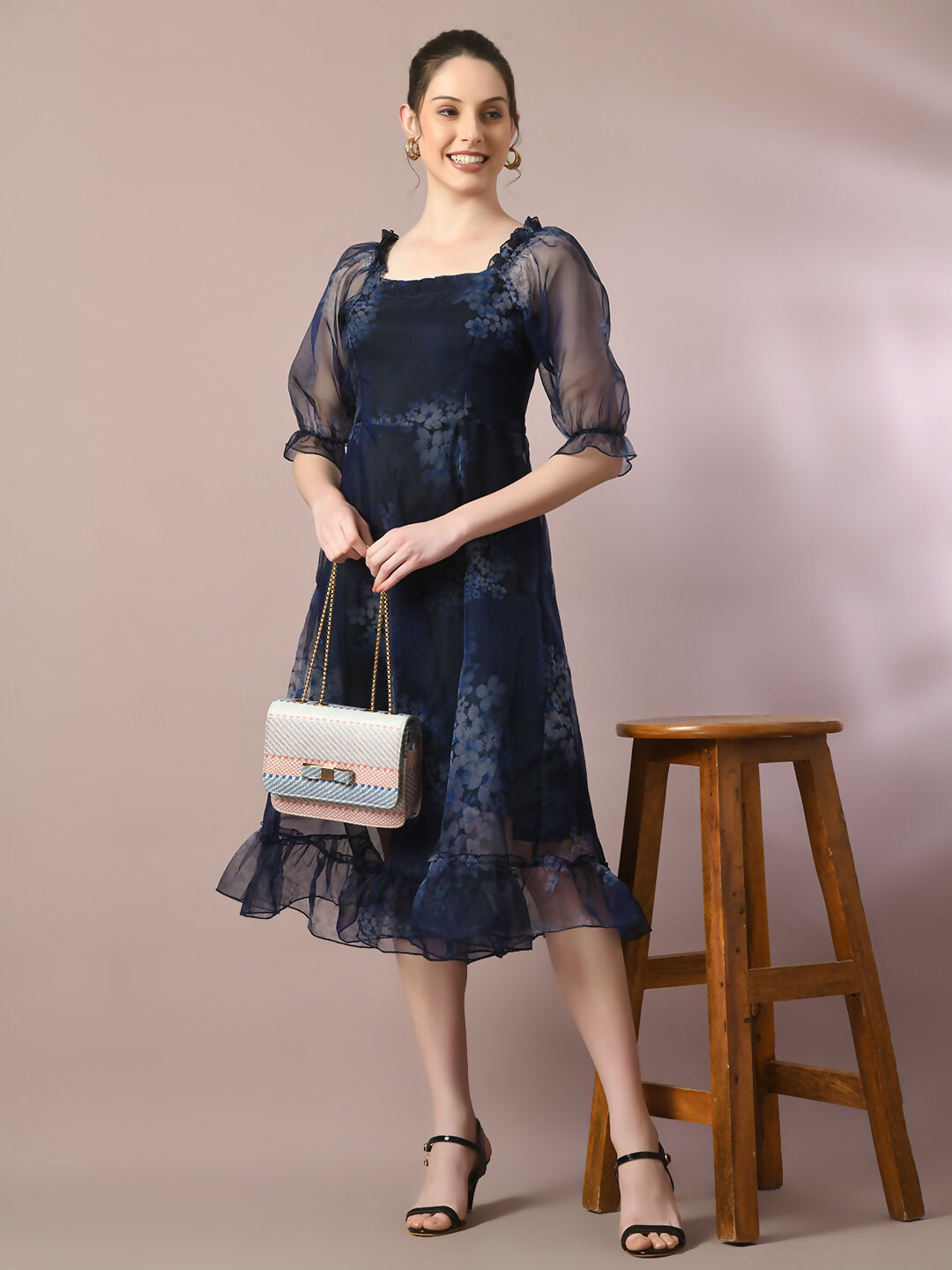 Myshka Women's Navy Blue Printed Square Neck Fit and Flare Party Dress - Distacart