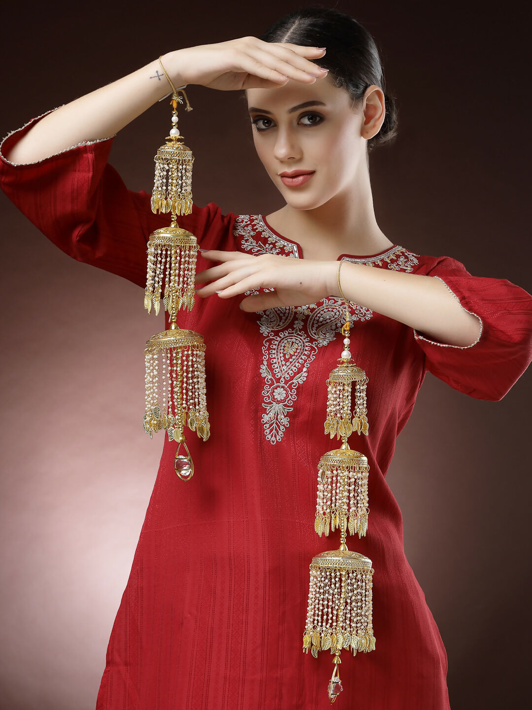 NVR Women's Pack Of 2 Gold-Polished & White Pearl Beaded Bridal Layered Heavy Kaleera Sets - Distacart
