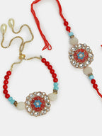 NVR Women & Men Set of 2 Red-colored Stone-Studded & Beaded Bhaiya Bhabhi Rakhi With Roli Chawal - Distacart