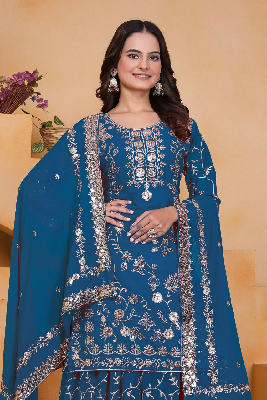Teeya Creation Blue Color Faux Georgette Embroidery Work Wedding Wear Palazzo Set - Distacart