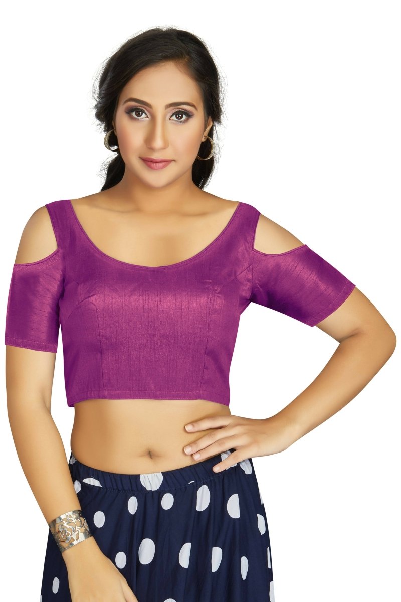 Aastha Fashion Women's Purple Art Silk Cold Shoulder Sleeve Readymade Blouse