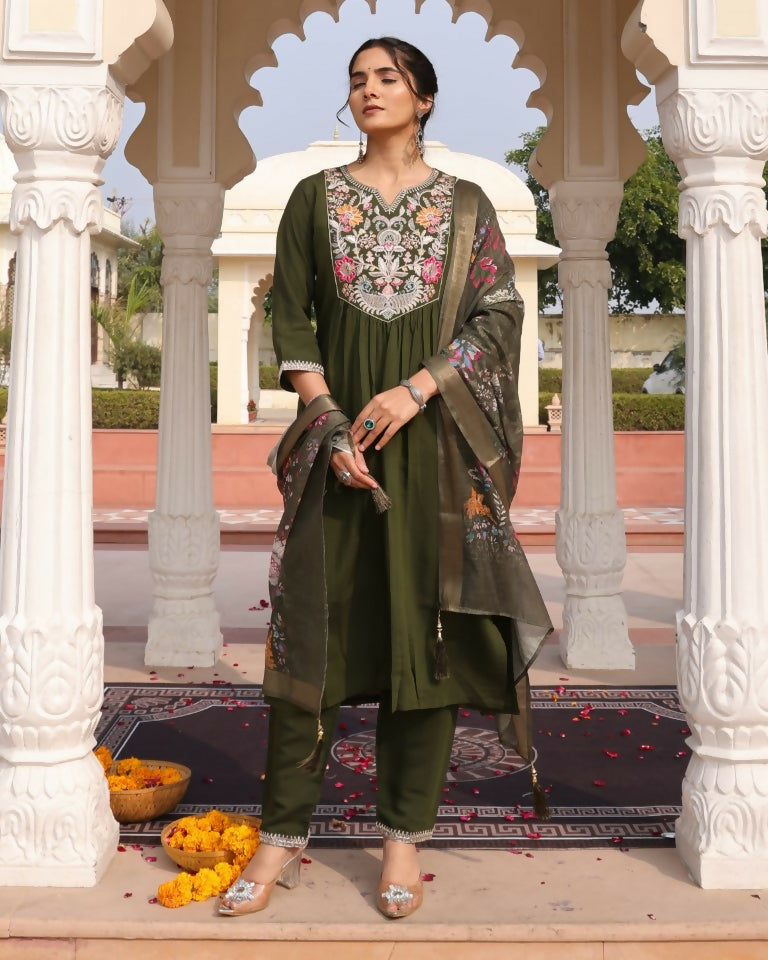 Jyoti Fashion Women's Mehendi Cotton Silk Hand Work with Floral Printed Kurta Set