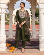 Jyoti Fashion Women's Mehendi Cotton Silk Hand Work with Floral Printed Kurta Set
