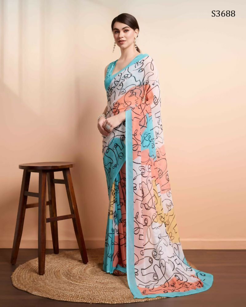 Multi Georgette Designer Printed Party Wear Saree - Cinderella