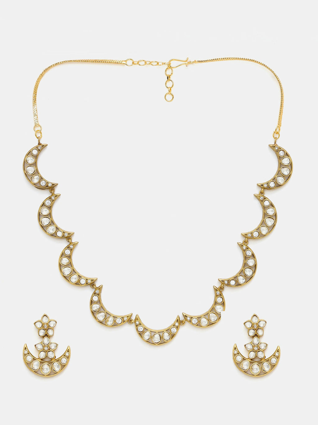 Ruby Raang Gold Polished Kundan Work Gold Half Moon Kundan Necklace With Earrings
